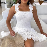 Women Chic Solid Sleeveless Folds Hollow Out A-line Party Sexy Ruffle White