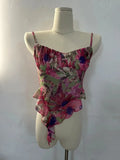Sweet Hot Ruffles Mesh Camisole Top Lady Camis Sleeveless Printed Floral T shirts High Stretch Slim Tanks For Slim