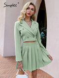 Elegant a-line pleated two piece suit sets women Office lady v-neck button mini skirt set lapel Spring crop blazer