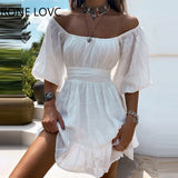 Women Solid Chic A Line Half Long Lantern Sleeves Ruffles Summer Mini Sexy Party
