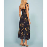 For Women Elegant Vintage Floral Dress Frill Sweetheart Neck Sleeveless Strap Tie Ruffle Hem Summer Beach