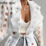 Women Chic Plaid with Belt Turn Down Collar Button Long Sleeves Long Straight