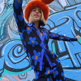 2021 Women V Neck Long Sleeve T Shirt Floral Print Pleated 90s Autumn Elegant Fashion Casual Blue Sexy Top