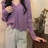 Colors Cropped Cardigan Women Knitwear Pure V-neck Spring Long Sleeve Elegant Casual Кардиган Женский Females Korean