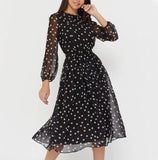 Elegant Dot Print Long Sleeve Polka Dress O Neck Chiffon A Line Women Casual Dress Vintage Midi Vestidos