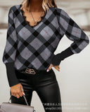 Zingj Spring And Autumn Plaid Knit Stitching Lace Top V Neck Fashion Long