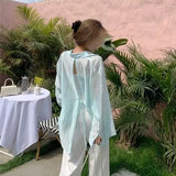 Women Blouses Solid Wear Early Spring Thin Pure Shirt Split Back Loose Sunscreen Long-sleeved Shirt Polo Collar Female