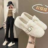 Zingj Shoes Female Autumn Winter Wear 2023 A Foot Pedal Bean Shoes Flat Korean Version Plus Velvet Warm Pregnant Women Cotton Ladle Shoes-Outfit