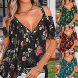 Neck Short Sleeve Top Summer Sexy Women Printed Hollow Out T Shirt Fashion Loose Off Shoulder Casual Plus Size Shirts