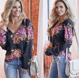 V Neck summer printed Flora lace Up chiffon blouse Ladies Long Sleeve Shirts blusas mujer de moda
