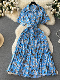 Women Floral Pleated Chiffon Dress Vintage Turn-Down Collar Short Sleeve Single Breasted Printed Draped Midi Vestidos