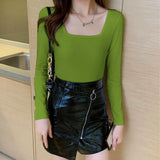 Zingj Square Collar Undershirt With The 2024 New Fall Tight Low Collar Long-Sleeved T-Shirt-Outfit
