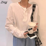 Sleeve T-shirts Women Elegant Simple Pure Button Design Retro Ins Autumn Ladies Tees Top All-match BF Style Mujer