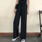 Leg Pants Women Pure Black Lace-up Korean Style Loose Leisure High Waists Female Spring Long Daily Trousers Streetwear