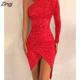 New Year Red Party Dress Glitter One Shoulder Asymmetrical Ruched Mini Bodycon Dress Long Sleeve Sequins Sexy Corset