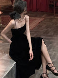 Women Elegant Spaghetti Strap Midi Black Velvet Dress Sexy Prom Evening Party Birthday Club Fashion