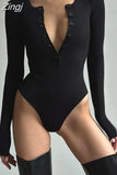 Fashion Black Knitted Skinny Basic Autumn Bodysuit Tops Solid Buttons Sexy Female Body Elegant Bodysuits Romper