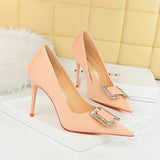 Zingj Fashion Banquet High Heels Fine Heel Shallow Pointed Satin Metal Water Diamond Buckle Single Shoe