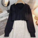 Zingj Version Of Short Pullover Sweater Female Loose V-Neck Pure Color Twist Crop Casual Long Sleeve Knit Jacket