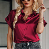 Satin Silk Shirts Fashion Women Short Sleeve Loose Tops Mujer Buttons Office Lady Blouses Women's Clothing Elegant