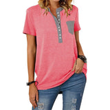 Summer V-Neck Stitching Pullover Tops Casual Short Sleeve Button T-Shirt Female Loose Pocket Comfortable Streetwear