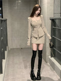 Sweet Hot Girl Suit Women's Autumn Square Collar Long-sleeved Knitted Shirt High Waist Short Skirt Fashion Two-piece