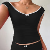 Trend Sweet And Spicy Style Small Sexy V-Collar Bow Splicing Color Slimming Vest T-Shirt 2024 Spring / Summer New
