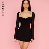 Elegant White Hollow Out Halter Dresses For Women 2022 Sexy Chiffon Solid Long Sleeve Mesh Mini Dress Club Party