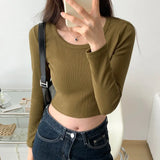 Solid Color Long-Sleeved T-Shirt Women's Early Autumn New Short Style Slim U-Tie Bottom Shirt With A Hundred Collarbone
