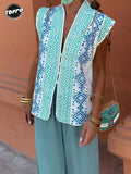 Bohemia V Neck Single-breasted Printed Vest Women Elegant Sleeveless Waistcoat 2024 New Summer Chic Lady High