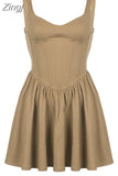 Fashion Chic Brown Stitching Corset Party Dress Birthday Elegant Milkmaid Pleated Sexy Dresses Female Stripe