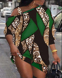 Zingj Hot Style Autumn Print Metal Buckle Diagonal Shoulder Neck Button Dress