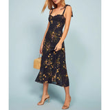 For Women Elegant Vintage Floral Dress Frill Sweetheart Neck Sleeveless Strap Tie Ruffle Hem Summer Beach