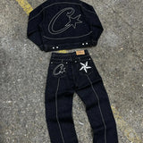 Devil Island Denim Suit High Street Western Denim Jacket Baggy Jeans Trend