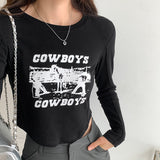 Shoulder Round Collar Long-Sleeved T-Shirt Women's Early Autumn New High-Waisted Spicy Girls Short Style