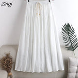 Cotton Pleated Skirt Women Drawstring Elastic High Waist Long Skirts Daily Beach Boho Black White A-line Skirt Faldas