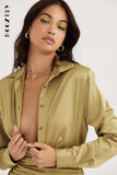 Elegant Green Satin Deep V Long Sleeve Shirt Dress for Women 2022 New Folds Mini Dress Party Office Lady Clothes