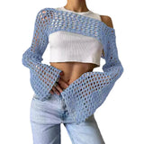 Zingj New Women's Hand Hook Sweater Women's Casual Ultra-Short Horn Sleeve Sexy Grid Smock
