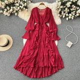 Fairy Seaside Resort Chiffon Long Dress Women's Lotus Leaf Lace V-neck Temperament Crimped Waist Slim