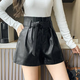 Autumn Winter Women's Faux PU Leather Shorts with Belted New High Waist Ladies Elegant Short Trousers Pocket