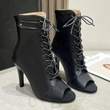 Large Fish Mouth Cool Boots Girls Thin Heels Hollowed-Out Short Boots Lace Jazz Dance High Heels In Spring And