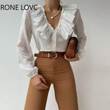Women Chic Solid Long Sleeves Ruffle Hem Deep V Neck Button White Working Blouse