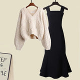 Zingj And Winter Suit Women's 2024 New French Feeling Cross Knit Sweater With Fishtail Dress Two Sets-Outfit