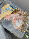 Summer Women's Jeans Korean Fashion Hole Ripped Beading Vintage Printed Knee Length Denim Pants Y2K High
