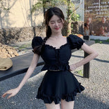 Collar Bikinis Sets Women Ruffles Bandage Beach Style Holiday Swimwear Conservative Solid Ladies Fashion Chic Puff