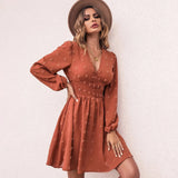 Summer Casual Chiffon Solid Color V-neck Slim A-line Midi Dress 2022 Fashion Elastic Waist Jacquard Dresses For