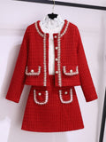 Winter Fashion Plaid Red Tweed Two Piece Set Women Pearls Single Breasted Fringed Woolen Jackets Coat + Pocket Mini