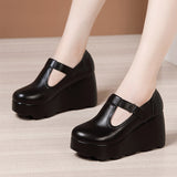 Heel Slope Shallow Mouth Single Shoes 2023 Autumn New Muffin Thick Bottom Waterproof Table Round Head Large Size Female Mother