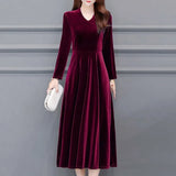 2021 Autumn Vintage Women Midi Party Dress Long Sleeve Burgundy Black Velvet Dress Plus Size 3XL 4XL 5XL