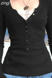 Crop Top Women Lace Button T Shirt Female Long Sleeve Top Knitted Sweater Ladies Solid Basic Slim Tee Spring